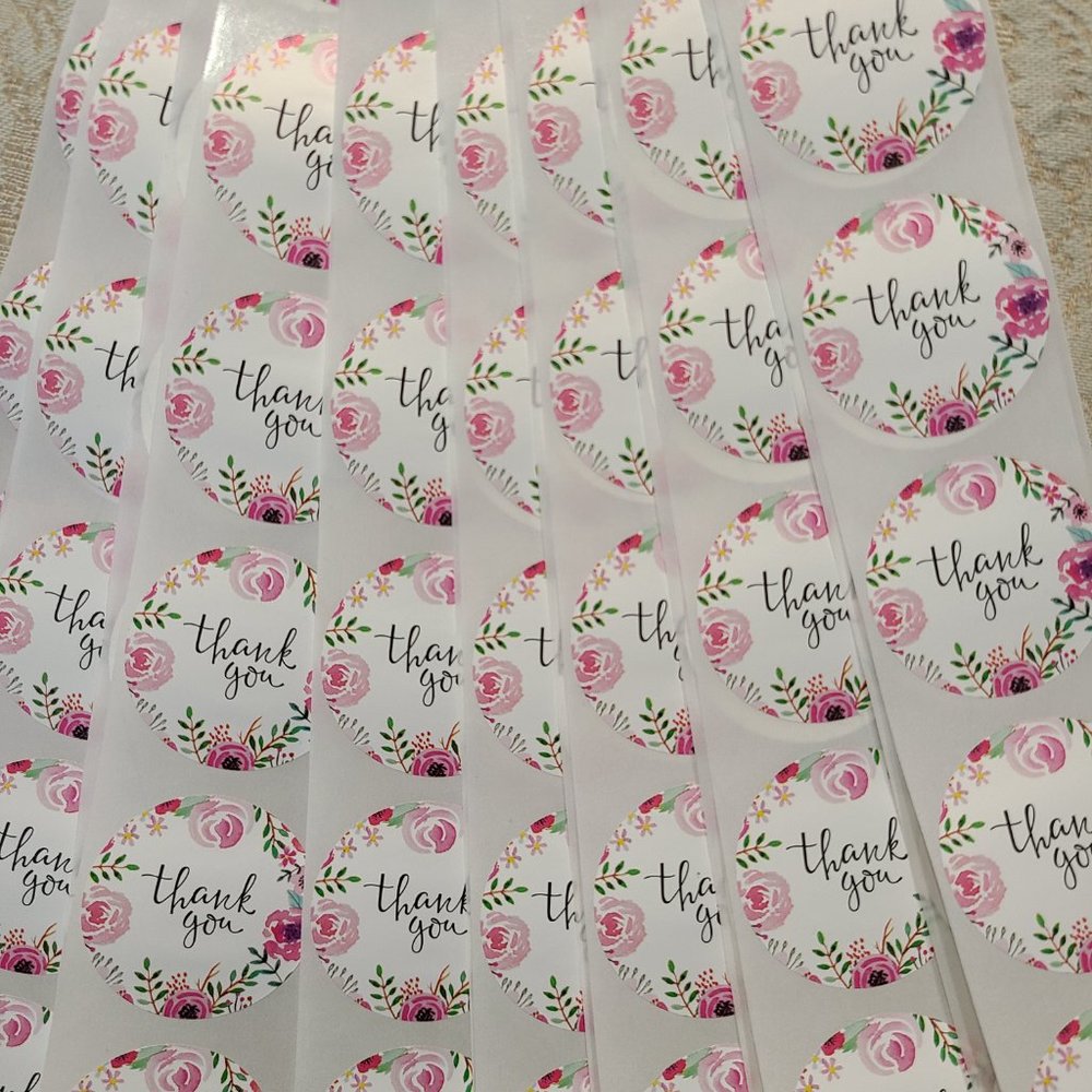 100 THANK YOU Stickers Pink Floral 1"